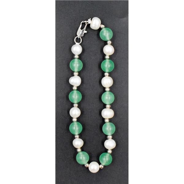 #135- FRESH WATER PEARL& GREEN JADE  BRACELET