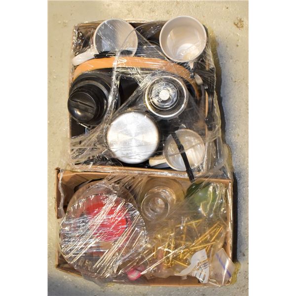 2 BOXES OF MUGS, GLASS VASES, PLATE HANGERS & MORE