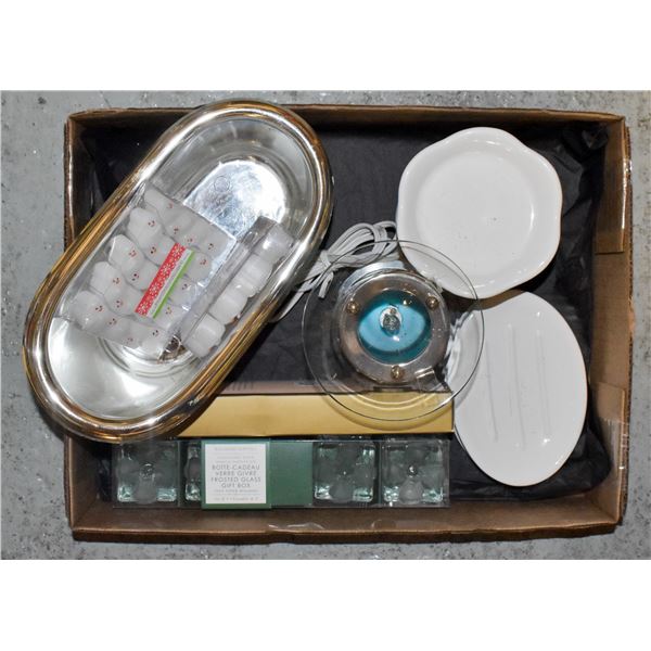 BOX OF BATHROOM DECOR, WILLIAMS-SONOMA TINY