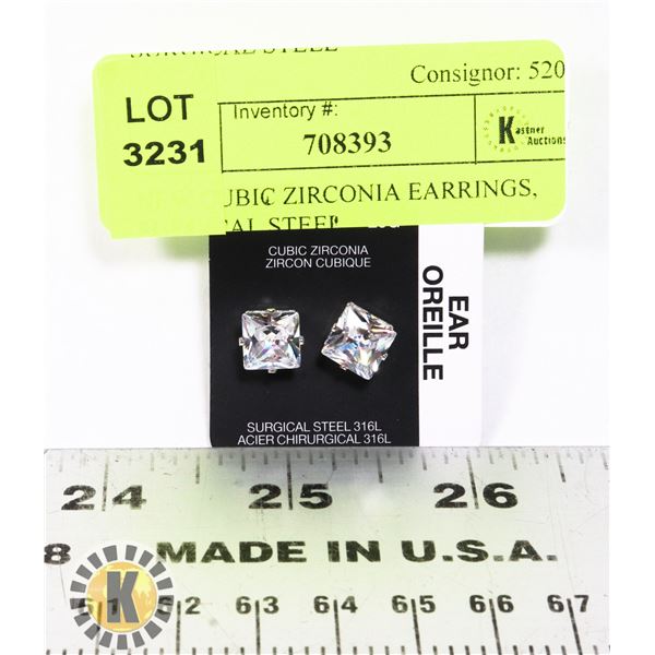 NEW CUBIC ZIRCONIA EARRINGS, SURGICAL STEEL