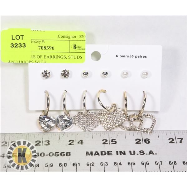 6 NEW PAIRS OF EARRINGS, STUDS AND HOOPS WITH
