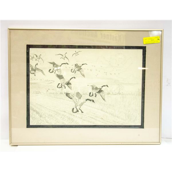 HAND SKETCHED CANADIAN GEESE/ FARM SCENE FRAMED