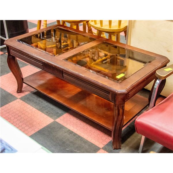 WOODEN COFFEE TABLE WITH GLASS INSERTS