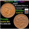 ***Auction Highlight*** 1843 Braided Hair Large Cent 1c Graded Choice Unc BN by SEGS (fc)