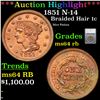 ***Auction Highlight*** 1851 Braided Hair Large Cent N-14 1c Graded ms64 rb By SEGS (fc)