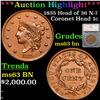 ***Auction Highlight*** 1835 Coronet Head Large Cent Head of 36 N-7 1c Graded ms63 bn By SEGS (fc)