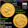 ***Auction Highlight*** 1862 Three Dollar Gold 3 Graded au58 details By SEGS (fc)