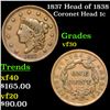 Image 1 : 1837 Head of 1838 Coronet Head Large Cent 1c Grades vf++