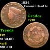 Image 1 : 1824 Coronet Head Large Cent 1c Grades vg+