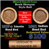 Image 1 : Mixed small cents 1c orig shotgun roll, 1917-s Wheat Cent, 1891 Indian Cent other end,Brinks Wra