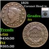 Image 1 : 1821 Coronet Head Large Cent 1c Graded f15 By SEGS