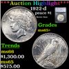 ***Auction Highlight*** 1922-d Peace Dollar $1 Graded ms65+ By SEGS (fc)