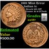 Image 1 : 1901 Indian Cent Mint Error 1c Graded au58+ BY SEGS