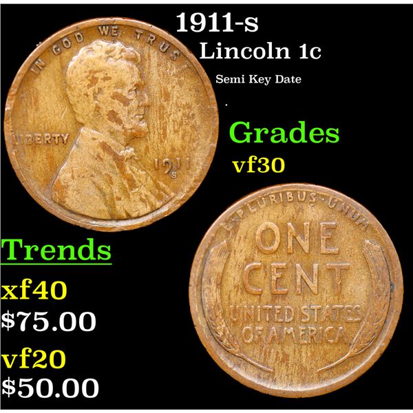 1911-s Lincoln Cent 1c Grades vf++