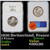 Image 1 : NGC 1920 Switzerland, France 2 Francs Graded ms64 By NGC