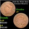 Image 1 : 1828 Sm Wide Date Coronet Head Large Cent 1c Grades g+