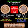 Image 1 : Mixed small cents 1c orig shotgun roll, 1919-d Wheat Cent, 1896 Indian Cent other end, brinks Wrappe