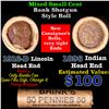 Image 1 : Mixed small cents 1c orig shotgun roll, 1916-d Wheat Cent, 1896 Indian Cent other end, brinks Wrappe