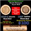 Image 1 : Mixed small cents 1c orig shotgun roll, 1915-d Wheat Cent, 1897 Indian Cent other end, brinks Wrappe