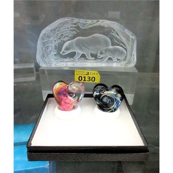 Crystal Badger Sculpture & 2 Art Glass Hearts