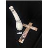 Image 1 : Vintage Had Painted Wood Cross Wall Hanger "O holy Night and and Ornate Vintae Art Glass Case 15" H