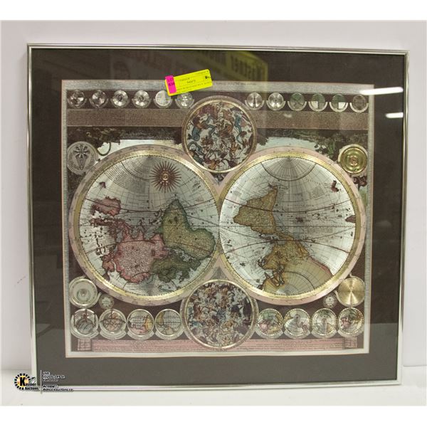 FRAMED WORLD MAP BY P. SCHENK ELDER 1645-1715