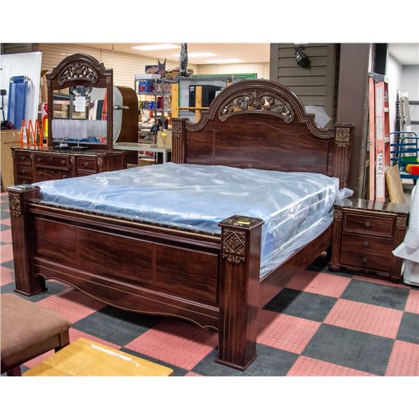 4 PIECE KING SIZE FAUX MARBLE & WOOD KING SIZE BED