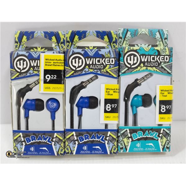 LOT OF 3 NEW WICKED AUDIO BRAWL HEADPHONES