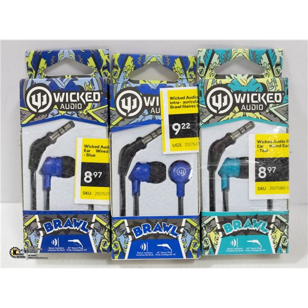 LOT OF 3 NEW WICKED AUDIO BRAWL HEADPHONES