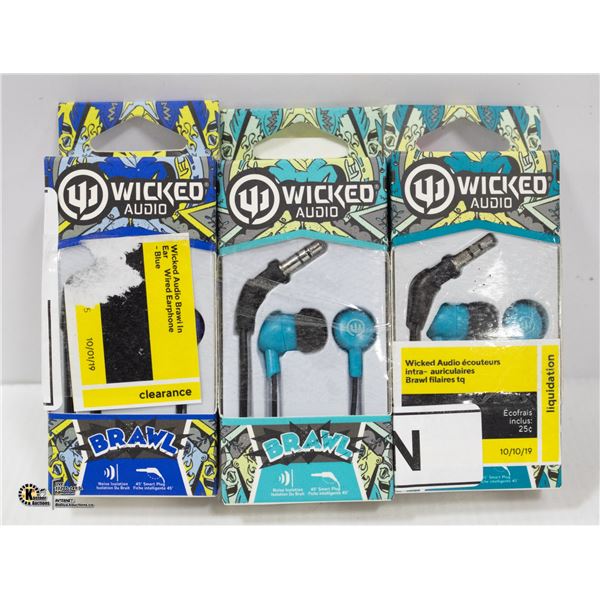 LOT OF 3 NEW WICKED AUDIO BRAWL HEADPHONES