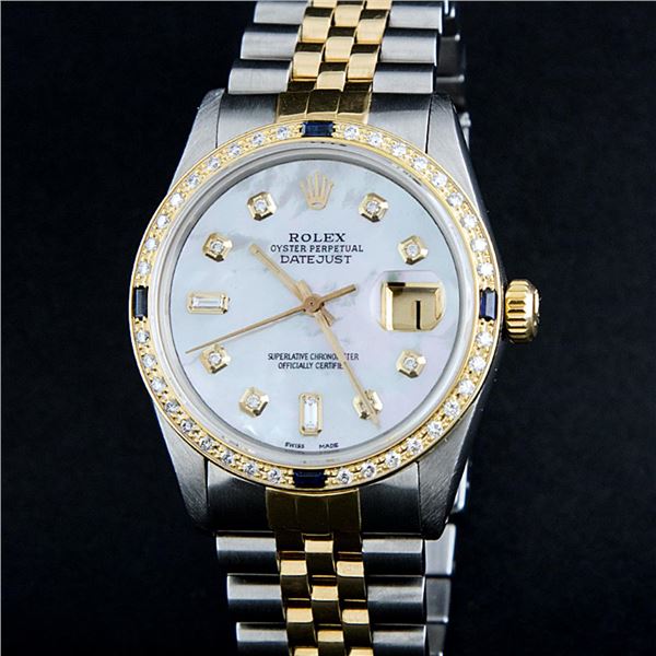 Rolex Mens 2 Tone Mother Of Pearl Diamond & Sapphire Datejust Wristwatch