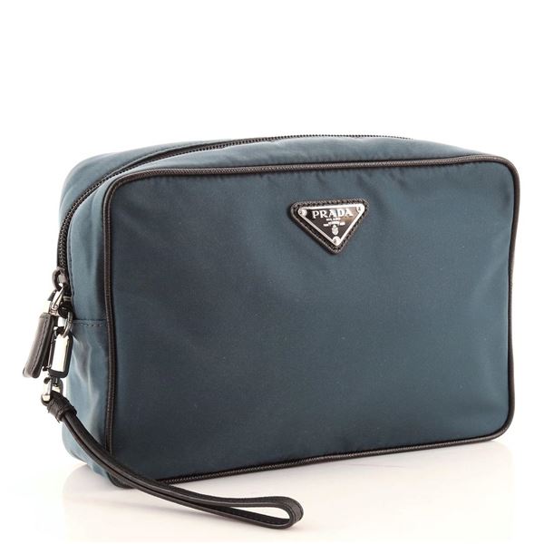 Prada Blue Tessuto Nylon Toiletry Large Pouch Bag