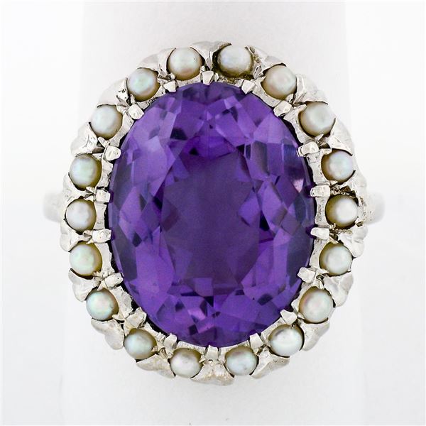 Vintage 14k White Gold Large 10.28 ctw Oval Amethyst Solitaire Ring w/ Pearl Hal