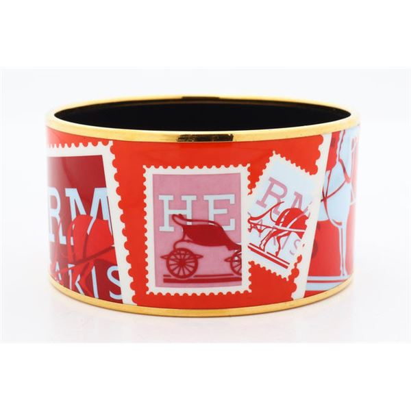 Hermes Red and Gold Paris Stamp Collection Enamel Logo Wide Bangle Bracelet