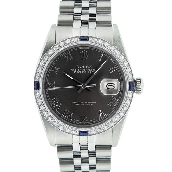 Rolex Mens Stainless Steel Dark Gray Roman Diamond & Sapphire Datejust Wristwatc