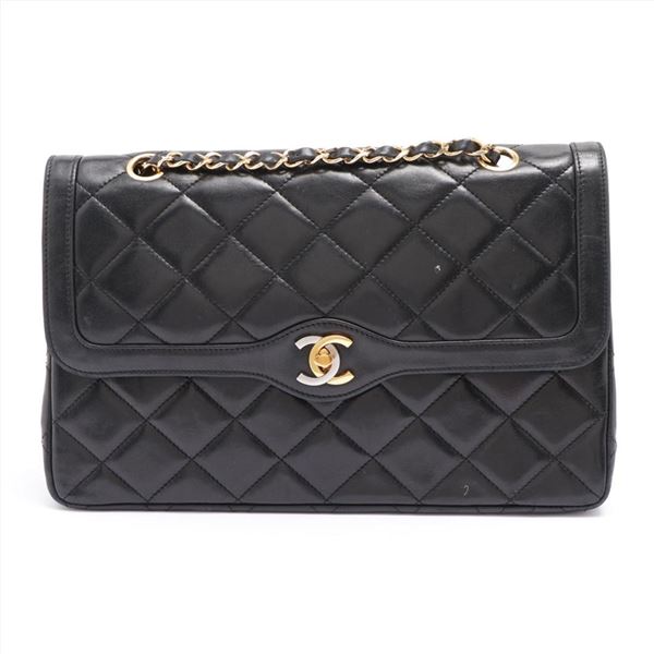 Chanel Black Quilted Lambskin Leather Double Flap Shoulder Bag