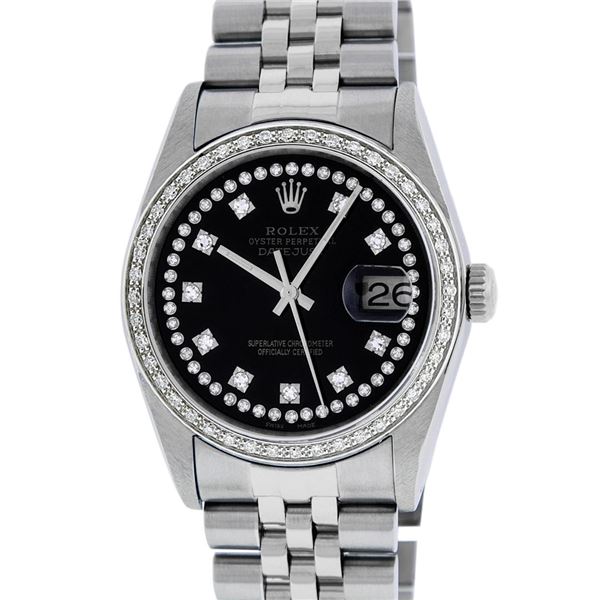 Rolex Mens Stainless Steel Black String Diamond 36MM Datejust