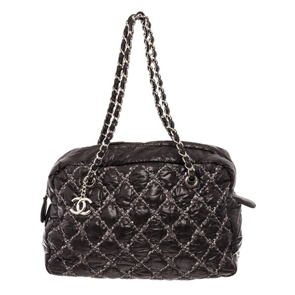 Chanel Black Quilted Nylon Tweed On Stitch Bowler Bag