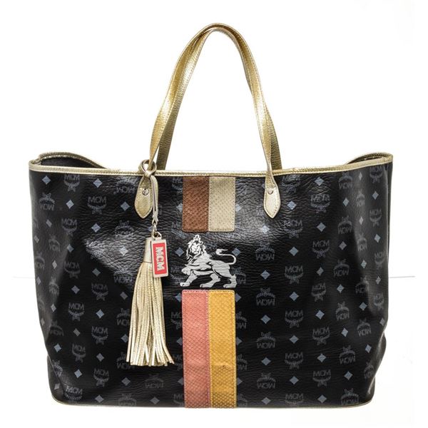 MCM Black Visetos Coated Canvas Large Lion Shopper Shoulder Bag