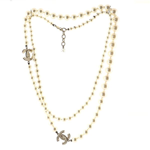 Chanel Gold-tone Faux Pearls and Crystal Embellished Metal CC Long Necklace