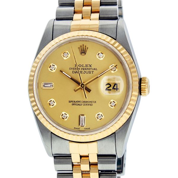 Rolex Mens 2 Tone Champagne Diamond 36MM Datejust Oyster Perpetual Wristwatch