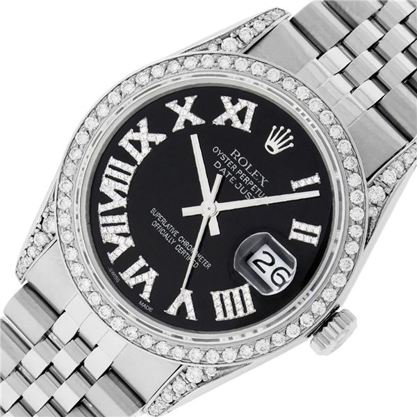 Rolex Mens Stainless Steel Black Roman Diamond Datejust Wristwatch 36MM