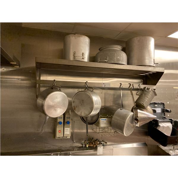 STAINLESS STEEL 60"W X 15"D COMMERCIAL POT RACK WITH ASSORTED POTS, STRAINER, & COLANDER
