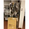 Image 1 : PEGBOARD WITH ASSORTED KITCHEN UTENSILS TONGS, WIRE SCRUB BRUSH, & 2 SERVER TRAY STANDS