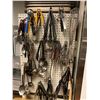 Image 2 : PEGBOARD WITH ASSORTED KITCHEN UTENSILS TONGS, WIRE SCRUB BRUSH, & 2 SERVER TRAY STANDS