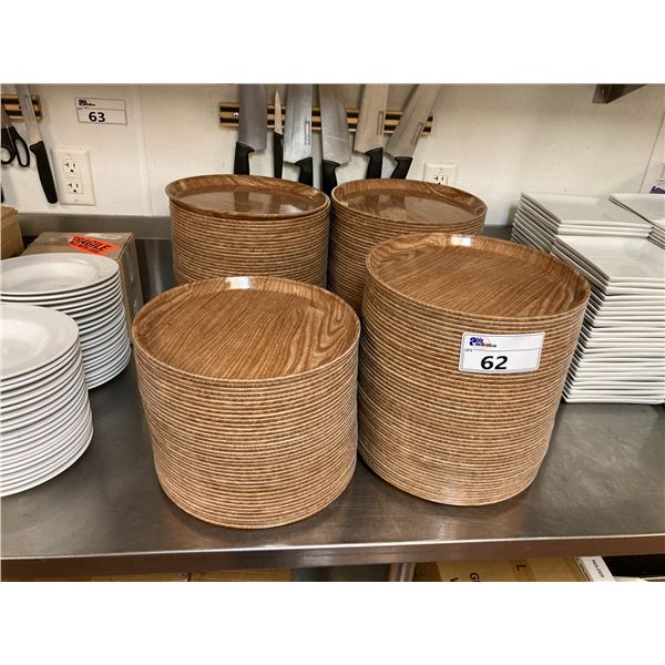 4 STACKS OF 12' ROUND NATURAL WOOD LOOK COMMERCIAL SERVING TRAYS