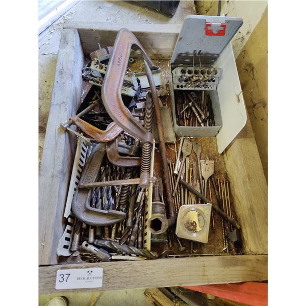 Box of Assorted Drill Bits & Clamps