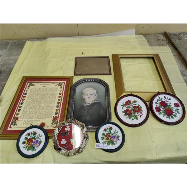 Assorted Needlepoint Art, Child Portrait & Frames