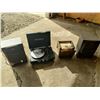 Image 1 : Victrola Portable Turntable, Box of 45s, and 2 Sony Speakers