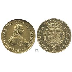 Santiago, Chile, bust 8 escudos, 1751J, from the Luz (1752), encapsulated NGC MS-62.